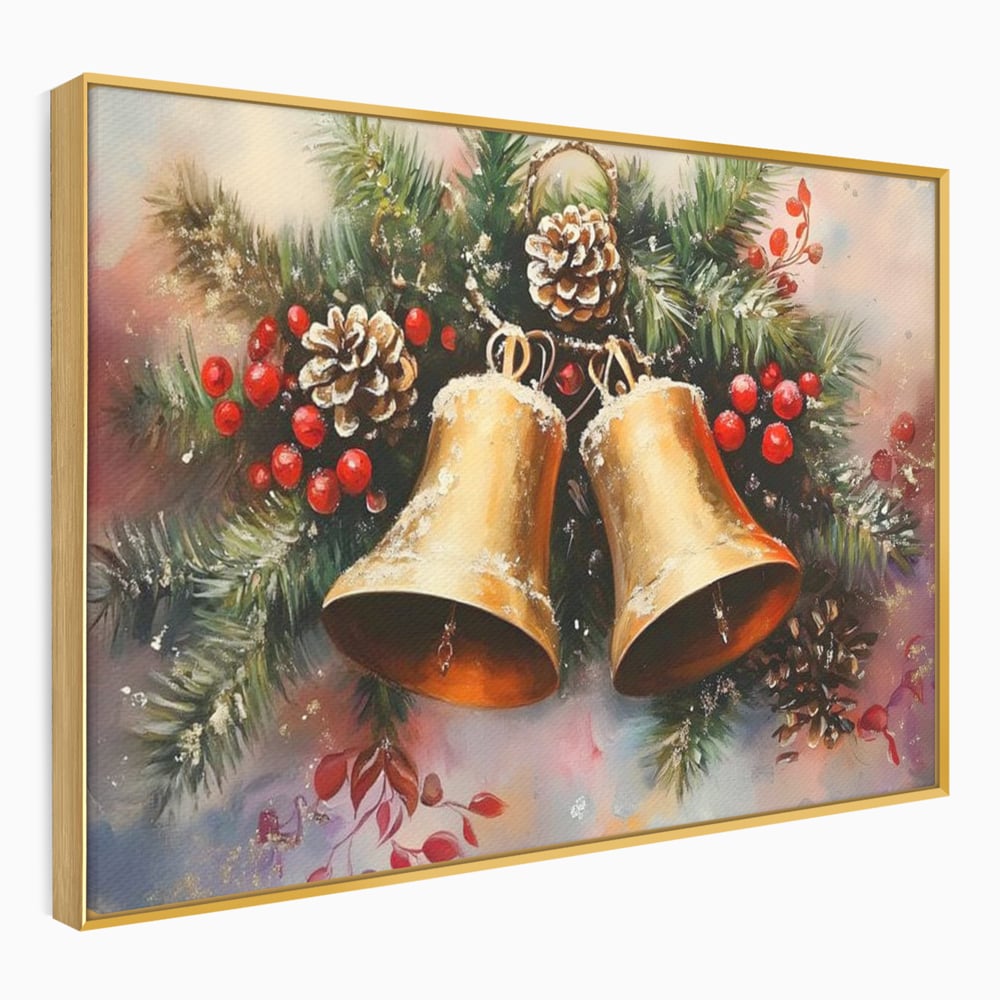 Tablou canvas cu tablou canvas cu clopotei aurii si conuri, in rama de aluminiu auriu